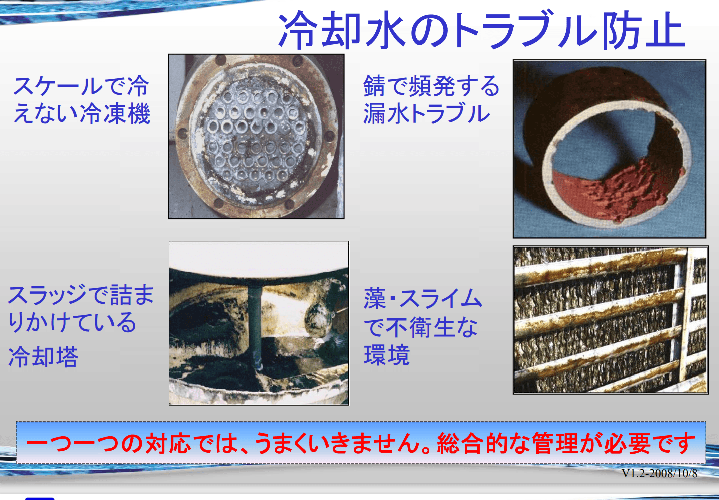 水質管理4大障害（スケール・腐食・スライム・レジオネラ）